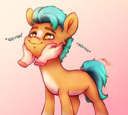 Size: 2228x2008 | Tagged: safe, alternate character, alternate version, artist:buttersprinkle, part of a set, hitch trailblazer, earth pony, human, pony, g5, blaze (coat marking), blushing, coat markings, cute, disembodied hand, duo, facial markings, gradient background, hand, high res, hitchbetes, looking at someone, male, no pupils, offscreen character, offscreen human, onomatopoeia, pale belly, solo focus, squeezing, squishy, squishy cheeks, stallion