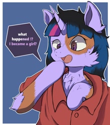 Size: 1319x1500 | Tagged: safe, artist:rataros, twilight sparkle, oc, oc:acesential, human, pony, unicorn, g4, bust, chest fluff, clothes, dialogue, ear fluff, human to pony, male to female, mid-transformation, moderate dark skin, open mouth, oversized clothes, oversized shirt, polo shirt, rule 63, shirt, shocked, speech bubble, transformation, transgender transformation, wide eyes