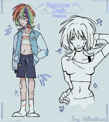 Size: 1156x1295 | Tagged: safe, artist:helenzka, rainbow dash, human, g4, alternate hairstyle, bandaid, belly button, belly piercing, blue background, bra, bra strap, clothes, female, fingerless gloves, gloves, grin, humanized, jacket, midriff, piercing, reference sheet, short shirt, shorts, simple background, smiling, socks, solo, underwear