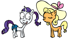 Size: 1064x598 | Tagged: safe, artist:corwin, applejack, rarity, earth pony, pony, unicorn, g4, simple ways, 2012, alternate hairstyle, applejewel, bucktooth, clothes, daisy dukes, duo, female, hat, hilarious in hindsight, ponytail, rarihick, shorts, simple background, white background
