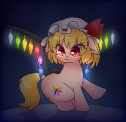 Size: 2048x1987 | Tagged: safe, artist:namaenonaipony, pony, abstract background, cute, dark background, eye clipping through hair, female, flandre scarlet, glowing, hat, looking at you, ponified, raised hoof, solo, touhou