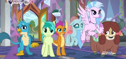 Size: 1598x750 | Tagged: safe, screencap, gallus, ocellus, sandbar, silverstream, smolder, yona, changedling, changeling, classical hippogriff, dragon, earth pony, griffon, hippogriff, pony, yak, g4, season 9, uprooted, bow, cloven hooves, colored hooves, cropped, dragoness, female, hair bow, jewelry, male, monkey swings, necklace, student six, teenager