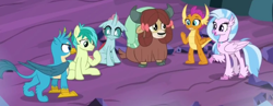 Size: 1448x560 | Tagged: safe, screencap, gallus, ocellus, sandbar, silverstream, smolder, yona, changedling, changeling, classical hippogriff, dragon, earth pony, griffon, hippogriff, pony, yak, g4, season 9, uprooted, bow, cloven hooves, colored hooves, cropped, dragoness, female, hair bow, jewelry, male, monkey swings, necklace, student six, teenager