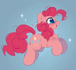 Size: 782x726 | Tagged: safe, artist:mirtash, pinkie pie, earth pony, pony, g4, blue background, cute, diapinkes, ear fluff, female, freckles, happy, jumping, mare, open mouth, open smile, profile, simple background, smiling, solo, sparkles
