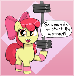 Size: 1654x1692 | Tagged: safe, artist:heretichesh, apple bloom, earth pony, pony, g4, apple bloom's bow, barbell, bow, clothes, dialogue, female, filly, foal, hair bow, leg warmers, open mouth, solo, speech bubble, weights