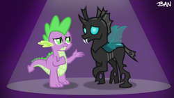 Size: 1920x1080 | Tagged: safe, artist:banquo0, spike, thorax, g4, the times they are a changeling, duo, male, simple background