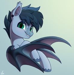 Size: 1929x1959 | Tagged: safe, artist:luminousdazzle, oc, oc only, oc:sugoi, bat pony, pony, bat wings, bust, ear fluff, ear piercing, fangs, fluffy mane, gift art, looking at you, male, piercing, simple background, smiling, smiling at you, solo, unshorn fetlocks, wings
