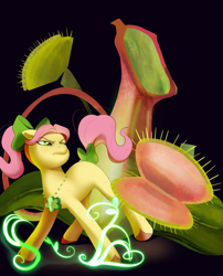 Size: 1970x2436 | Tagged: safe, artist:aztrial, posey bloom, earth pony, pony, venus flytrap, g5, black background, bow, carnivorous plant, earth pony magic, female, hair bow, jewelry, magic, mare, necklace, pitcher plant, plant, simple background, solo, tail, tail bow