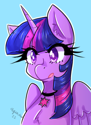 Size: 2013x2761 | Tagged: safe, artist:mylittleyuri, twilight sparkle, alicorn, pony, g4, :p, blue background, chest fluff, choker, high res, simple background, solo, tongue out, twilight sparkle (alicorn)