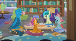 Size: 663x360 | Tagged: safe, screencap, gallus, ocellus, sandbar, smolder, changedling, changeling, dragon, earth pony, griffon, pony, g4, season 8, what lies beneath, book, bookshelf, cropped, globe, ladder