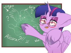 Size: 2048x1536 | Tagged: safe, artist:eventseem, princess flurry heart, twilight sparkle, alicorn, pony, g4, chalkboard, female, floppy ears, glasses, looking at you, mare, solo, twilight sparkle (alicorn), unshorn fetlocks