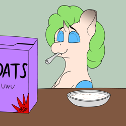 Size: 3000x3000 | Tagged: safe, artist:jacqueling, oc, oc only, oc:fractal peridot, changeling, blue changeling, changeling oc, eating, food, high res, oatmeal, oats, solo, spoon, uwu