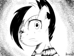 Size: 4000x3000 | Tagged: safe, artist:reinbou, rainbow dash, pegasus, pony, g4, the cutie re-mark, alternate hairstyle, alternate universe, berserk, black and white, grayscale, monochrome, simple background, solo