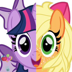 Size: 2000x2000 | Tagged: safe, artist:favitwink, applejack, twilight sparkle, g4, :d, accessory swap, alternate hairstyle, animated, animated png, apple bloom's bow, applejack also dresses in style, bow, bust, commission, duo, eyes open, freckles, girly, hair bow, happy, head only, high res, horn, looking at you, loop, loose hair, open mouth, open smile, perfect loop, portrait, show accurate, simple background, smiling, split screen, symmetrical, transparent background, two sides, wide eyes, your character here