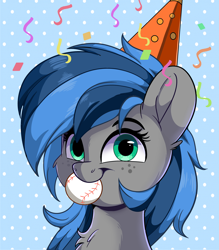 Size: 2100x2400 | Tagged: safe, artist:joaothejohn, oc, oc only, oc:bibbo, pegasus, pony, baseball, birthday, chest fluff, commission, cute, hat, high res, looking at you, pegasus oc, simple background, smiling, solo, sports