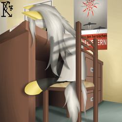 Size: 3000x3000 | Tagged: safe, artist:kirov, oc, oc only, earth pony, pony, chair, clothes, cyrillic, female, german, high res, ho 229, interior, mare, paper, poster, propaganda poster, room, russian, sleeping, table, text, white mane, wolfenstein, yellow coat