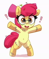 Size: 1953x2356 | Tagged: safe, artist:pabbley, apple bloom, earth pony, pony, g4, adorabloom, belly button, bipedal, cute, exclamation point, female, filly, foal, leaf, open mouth, simple background, solo, tree branch, white background, zombie costume