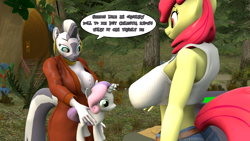 Size: 1920x1080 | Tagged: safe, artist:zapattackinflation, apple bloom, sweetie belle, zecora, earth pony, zebra, anthro, series:apple bloom and the mysterious doll, 3d, breasts, busty apple bloom, busty zecora, cauldron, clothes, dialogue, doll, ear fluff, ear piercing, female, forest, jewelry, mailbox, older, older apple bloom, older sweetie belle, piercing, shorts, source filmmaker, speech bubble, text, toy, zecora's hut