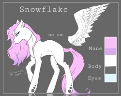 Size: 1171x926 | Tagged: safe, artist:thelazyponyy, oc, oc only, oc:snowflake, pegasus, pony, ear fluff, female, jewelry, mare, necklace, pegasus oc, raised hoof, reference sheet, solo