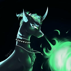 Size: 1250x1250 | Tagged: safe, artist:thelazyponyy, oc, oc only, pony, unicorn, black background, bust, chest fluff, curved horn, ear piercing, female, fire, fire breath, horn, jewelry, mare, necklace, piercing, simple background, solo, unicorn oc