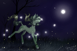 Size: 2000x1339 | Tagged: safe, artist:thelazyponyy, oc, oc only, earth pony, firefly (insect), insect, pony, choker, ear fluff, earth pony oc, full moon, grass, moon, night, outdoors, running, signature, solo, stars, tree