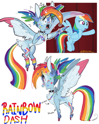 Size: 2967x3716 | Tagged: safe, artist:bluerm, rainbow dash, pegasus, pony, g4, chest fluff, choker, clothes, concave belly, female, flying, high res, leg warmers, mare, raised hoof, redesign, ribs, scene interpretation, screencap reference, short, slender, spiked choker, thin