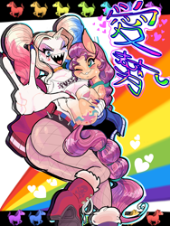 Size: 4500x6000 | Tagged: safe, artist:bluerm, sunny starscout, earth pony, human, pony, g5, 2021, chinese, dc comics, female, harley quinn, holding a pony, mare, old art, one eye closed, peace sign, rainbow, sharp teeth, smiling, teeth, wink