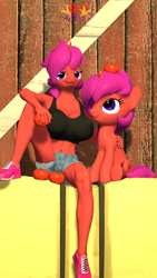 Size: 2160x3840 | Tagged: safe, artist:marianokun, oc, oc only, oc:ket, pony, unicorn, anthro, 3d, :3, anthro oc, anthro ponidox, big breasts, breasts, clothes, female, food, hay, high res, looking at you, looking up, raised leg, self paradox, self ponidox, shorts, smiling, source filmmaker, sports bra, tomato
