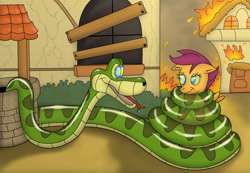 Size: 3146x2172 | Tagged: safe, artist:crafty-cobra, artist:kinipharian, idw, scootaloo, pegasus, pony, snake, g4, spoiler:comic, spoiler:comic16, building, coils, cute, cutealoo, duo, female, filly, fire, foal, hypno eyes, hypnosis, hypnosis fetish, hypnotized, imminent vore, kaa, kaa eyes, male, outdoors, scene interpretation, well