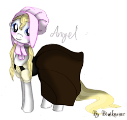 Size: 600x569 | Tagged: safe, artist:binikastar, oc, oc only, earth pony, pony, blushing, clothes, dress, earth pony oc, female, mare, signature, simple background, smiling, solo, story included, white background