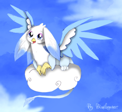 Size: 600x554 | Tagged: safe, artist:binikastar, oc, oc only, griffon, cloud, griffon oc, on a cloud, signature, solo, spread wings, story included, wings
