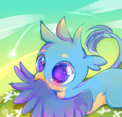 Size: 474x457 | Tagged: safe, artist:lanlanlc, gallus, griffon, g4, adorable face, baby gallus, behaving like a bird, birb, biting, bloom, blue eyes, cloud, colorful, cute, dawn, dawn light, ear fluff, eye reflection, gallabetes, glowing, grass, grooming, looking at you, male, preening, purple eyes, reflection, shadow, sky, solo, weapons-grade cute, wind, wings, younger
