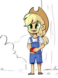 Size: 3204x4296 | Tagged: safe, artist:tjpones, applejack, human, equestria girls, g4, apple, clothes, cute, female, food, freckles, grin, high res, jackabetes, overalls, sandals, smiling, solo, tooth gap, younger