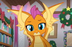 Size: 808x533 | Tagged: safe, screencap, smolder, dragon, g4, the hearth's warming club, cropped, dragoness, female, looking at you, solo, spread wings, wings