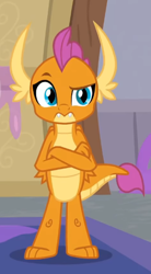 Size: 296x537 | Tagged: safe, screencap, smolder, dragon, g4, the hearth's warming club, cropped, crossed arms, dragoness, female, looking at you, raised eyebrow, solo