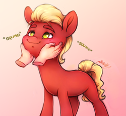 Size: 2133x1967 | Tagged: safe, alternate character, alternate version, artist:buttersprinkle, part of a set, sprout cloverleaf, earth pony, pony, g5, blushing, cute, daaaaaaaaaaaw, disembodied hand, gradient background, hand, male, no pupils, offscreen character, offscreen human, smiling, solo focus, sproutbetes, sproutlove, squeezing, squishy, squishy cheeks, stallion