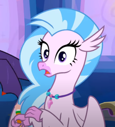 Size: 431x479 | Tagged: safe, screencap, silverstream, classical hippogriff, hippogriff, g4, student counsel, cropped, female, jewelry, necklace, pencil, reaction image, solo, treehouse of harmony