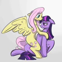 Size: 768x768 | Tagged: safe, artist:smirk, fluttershy, twilight sparkle, alicorn, pegasus, pony, g4, blushing, colored sketch, cute, duo, female, floppy ears, gray background, lesbian, lidded eyes, misleading thumbnail, ship:twishy, shipping, simple background, spread wings, straddling, twilight sparkle (alicorn), wings