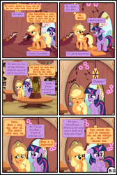 Size: 3255x4838 | Tagged: safe, artist:gutovi, applejack, twilight sparkle, alicorn, earth pony, pony, comic:why me!?, g4, alternate ending, comic, door, doorway, female, golden oaks library, hat, high res, lesbian, mare, ship:twijack, shipping, show accurate, table, twilight sparkle (alicorn), yawn