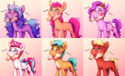 Size: 1800x1100 | Tagged: safe, artist:buttersprinkle, hitch trailblazer, izzy moonbow, pipp petals, sprout cloverleaf, sunny starscout, zipp storm, earth pony, pegasus, pony, unicorn, g5, my little pony: a new generation, adorapipp, adorazipp, cute, disembodied hand, female, hand, hitchbetes, izzybetes, male, mane five, mare, offscreen character, offscreen human, sprout joins the mane five, sproutbetes, squeezing, squishy cheeks, stallion, sunnybetes, zipp is a marshmallow