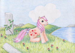 Size: 1064x751 | Tagged: safe, artist:normaleeinsane, ladybird, earth pony, pony, g1, bow, cute, female, flower, ladybetes, mare, paschalitsa, river, sitting, smiling, solo, tail, tail bow, water