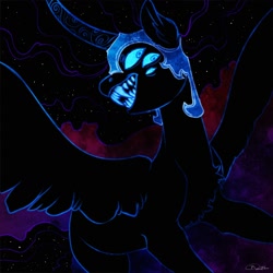Size: 2000x2000 | Tagged: safe, artist:opalacorn, nightmare moon, alicorn, pony, g4, chest fluff, curved horn, fangs, female, high res, horn, mare, missing accessory, multiple eyes, open mouth, sharp teeth, solo, spread wings, teeth, wings