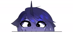 Size: 1934x885 | Tagged: safe, artist:magnaluna, princess luna, alicorn, pony, eye clipping through hair, eyebrows, eyebrows visible through hair, floppy ears, simple background, smiling, solo, sparkles, white background