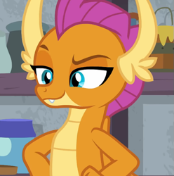 Size: 547x552 | Tagged: safe, screencap, smolder, dragon, g4, molt down, cropped, dragoness, female, hand on hip, raised eyebrow, solo