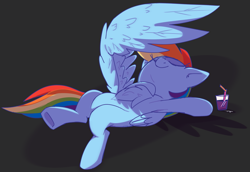 Size: 2183x1500 | Tagged: safe, artist:taaffeiite, rainbow dash, pegasus, pony, g4, armpits, chest fluff, drink, eyes closed, female, gray background, lying down, mare, on back, simple background, smiling, solo, underhoof, wings