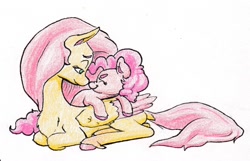 Size: 1266x816 | Tagged: safe, artist:lost marbles, fluttershy, pinkie pie, earth pony, pegasus, pony, g4, boop, colored pencil drawing, eyes closed, lying down, lying on top of someone, nose wrinkle, noseboop, prone, simple background, size difference, smol, tallershy, traditional art, white background