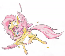 Size: 1986x1709 | Tagged: safe, artist:lost marbles, fluttershy, pinkie pie, earth pony, pegasus, pony, g4, colored pencil drawing, feather, glomp, one eye closed, simple background, size difference, smol, tallershy, traditional art, white background