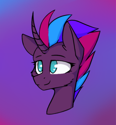 Size: 640x691 | Tagged: safe, artist:danger_above, oc, oc only, oc:tempest revenant, pony, unicorn, curved horn, cute, eyebrows, female, fluffy, horn, mare, not tempest shadow, ocbetes, simple background, smiling, solo, unicorn oc