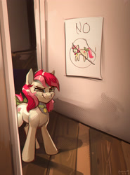 Size: 2581x3485 | Tagged: safe, artist:annna markarova, roseluck, earth pony, pony, >:), become ungovernable, bell, bell collar, bow, collar, commission, commissioner:doom9454, defiant, evil grin, eyebrows, eyebrows visible through hair, featured image, female, fuck the police, glare, grin, high res, mare, meme, no, pet tag, ponified animal photo, pony pet, rosepet, screentone, signature, smiling, smirk, smug, solo, tail, tail bow