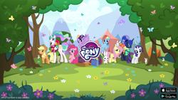 Size: 2560x1440 | Tagged: safe, gameloft, angel bunny, applejack, fluttershy, pinkie pie, princess celestia, princess luna, rainbow dash, rarity, twilight sparkle, alicorn, earth pony, pegasus, pony, rabbit, between dark and dawn, g4, my little pony: magic princess, animal, female, mane six, mare, my little pony logo, twilight sparkle (alicorn), video game, youtube banner